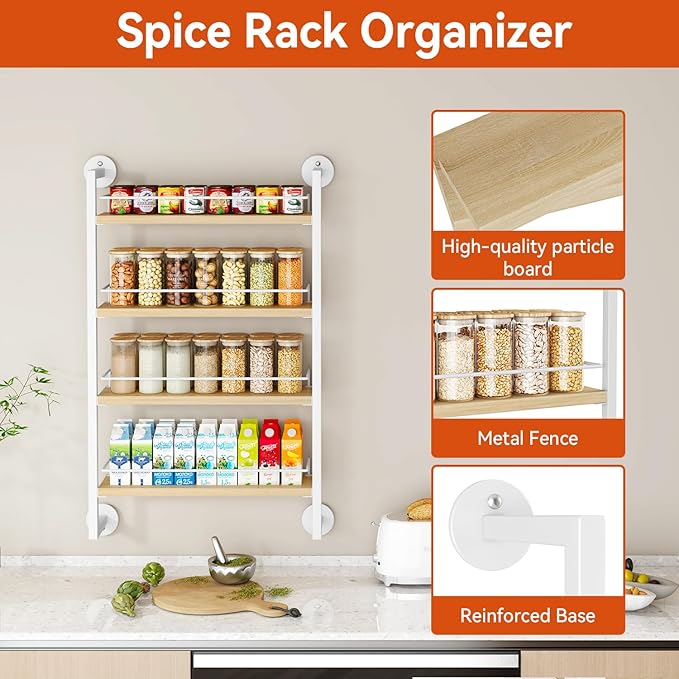IBUYKE 4 Tier Spice Rack Wall Mount for Kitchen,Natural TLJ016R | Hanging Seasoning Organizer,Large Spice Rack for Wall Spice Organization for Kitchen Cabinet Bathroom Pantry Living Room