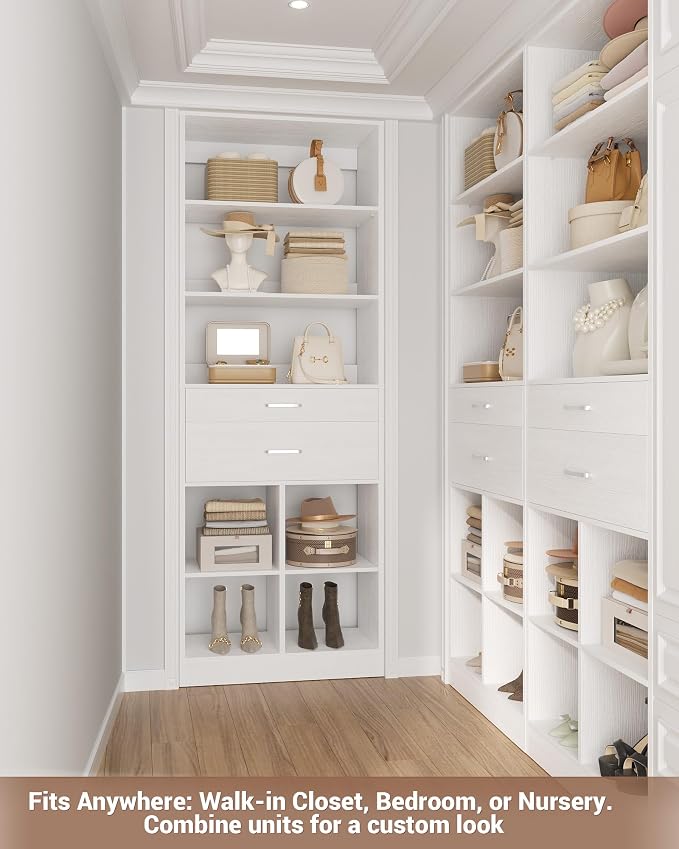 Besiost 22" Closet System with Drawers, Small Closet Organizer for Walk in Closet, Wardrobe Storage Unit with Storage and Shelves, White