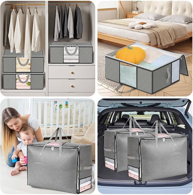 8 Pack 105L Extra Large Comforter Storage Bag, Foldable Bedding Storage Blanket Moving Bags for Clothes Pillows Sweater Dorm, Linen Closet Organizers with 4 Handles & 3 Clear Windows, Grey