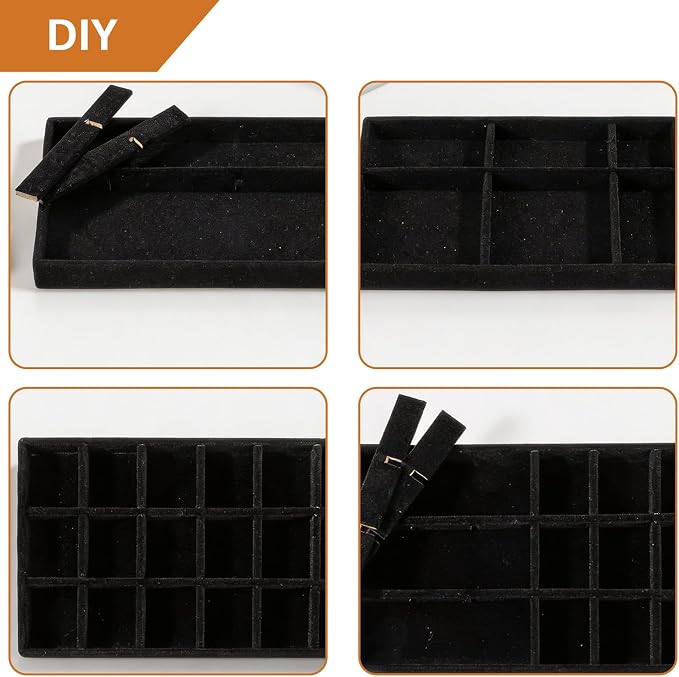 8 Pack 4 Styles Velvet Jewelry Tray, 8" x 5" Jewelry Organizer Tray Stackable Jewelry Storage Tray, Drawer Jewelry Tray for Rings, Earrings, Necklace, Bracelet, Black