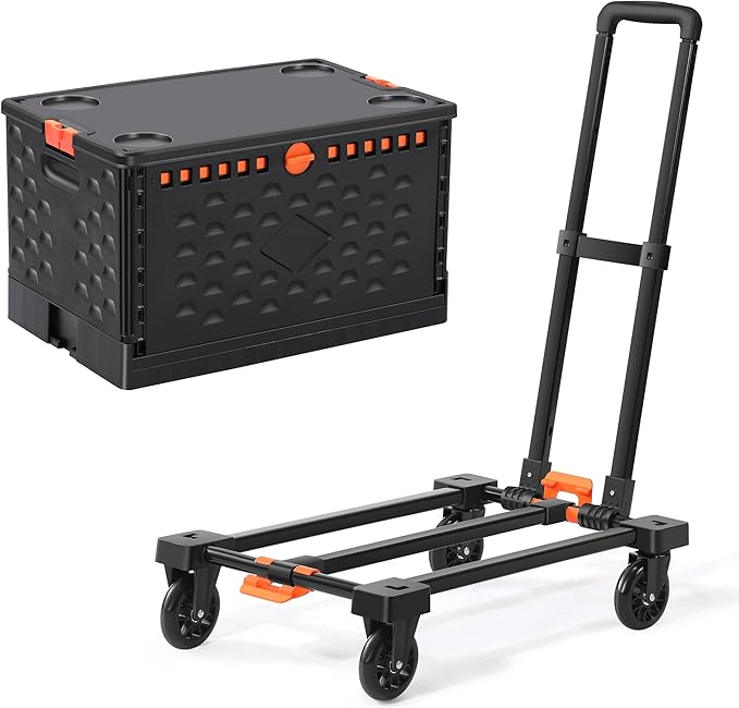 Collapsible Crate+Folding Hand Truck Set -No Assembly Required-Teacher Collapsible Rolling Cart with Wheels,Shopping Cart for Groceries,Crate On Wheels and Tote Basket,Mobile Storage for File, Book