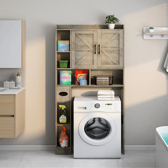 Vabches Over The Toilet Storage Cabinet with 2 Barn Doors, Grey | Farmhouse Storage Cabinet with Toilet Paper Holder Stand，Home Space-Saving Toilet Rack, for Bathroom, Restroom, Laundry