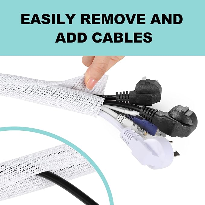 AGPTEK Cable Sleeve Cover, 6.6ft - 1.2 inch Desk Cord Organizer Cable Hider, Home Office Wire Management Computer TV Wire Loom Tubing, Pet Proof Cord Protector, from Cat Dog Chewing, White