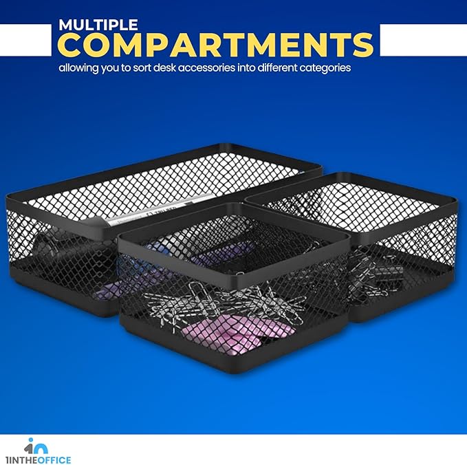 1InTheOffice Desk Baskets and Organizers Tray, Black Mesh Tray, Black Wire Mesh, 3-Compartment Stackable