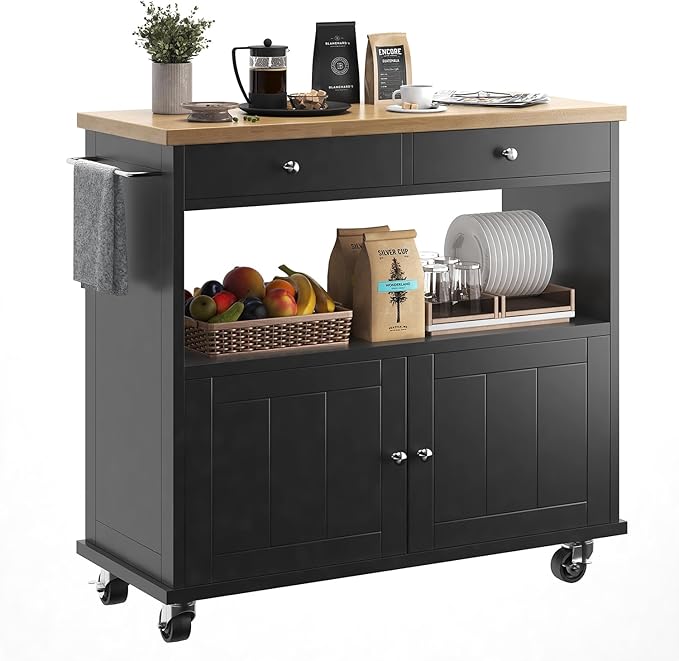 knoworld Rolling Kitchen Island with Storage Cabinet, 35.4'' Width Kitchen Cart, 2 Drawers Island Table, Portable Mobile Kitchen Island with Towel Rack, Wood Top and Lockable Wheels, Black
