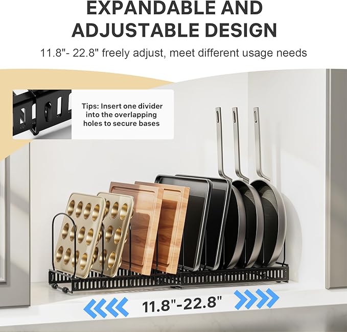 Cookie Sheet and Baking Tray Cutting Board Organizer Rack | 11.8"-22.8" Expandable, 10 Adjustable Dividers, 2 DIY Methods, Sturdy Metal Construction, Easy Assembly