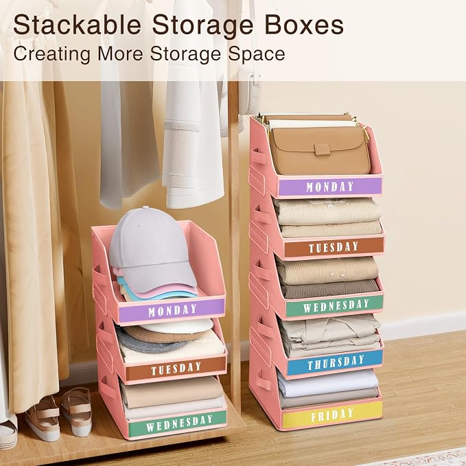 Homsorout Closet Organizers and Storage - 5 Tier Shelf Organizer with Weekly Labels, Stackable Storage Bins with Metal Frame, Foldable Cube Bins, Home Baskets for Kids and Adults, Pink