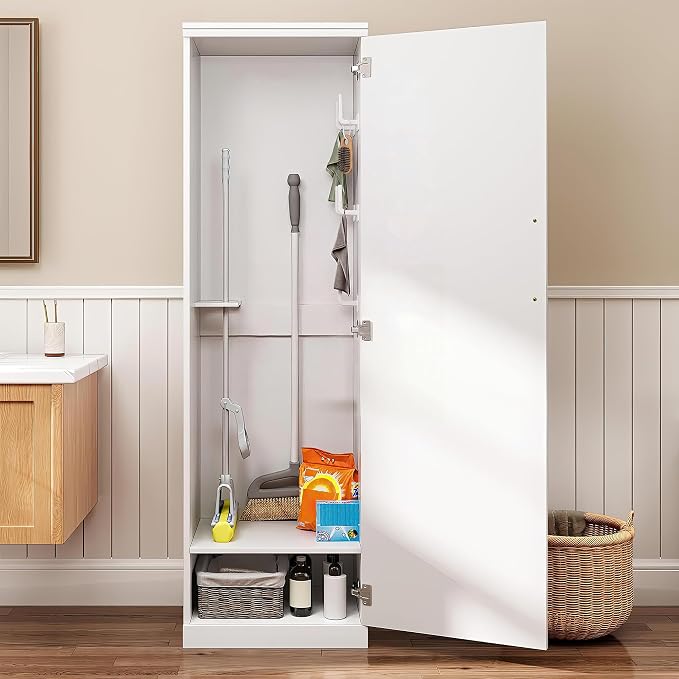 Broom Closet Storage Cabinet, 65" H Slim Utility Closet with Door and Shelf, Tall Vacuum Storage Cabinet with Hooks for Cleaning Tool, Broom Closet Organizer for Bathroom, Garage, White