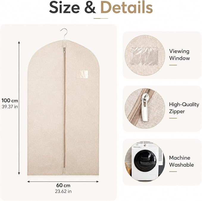 5 Pack Cotton Garment Bags for Hanging Clothes, 24 x 40 Inch | Breathable Canvas Suit Bags Linen Hanging Suit Cover for Closet Storage Short Dresses Suits Gowns Travel Garment Cover