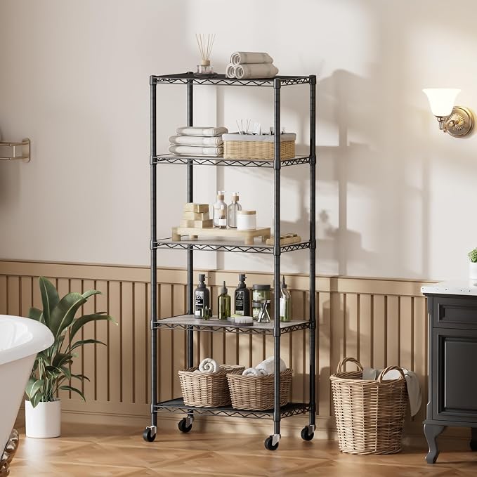 SINGAYE 5 Shelves Storage Wire Shelf Closet Metal Shelving Pantry Wheels | Shelf Bathroom Organizers Metal Kitchen Garage Shelving Unit Laundry Room Organization Home Rack Net Basket with Wheels