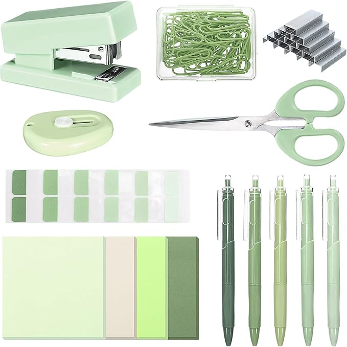 Mini Green Office Supplies Kit Green School Supplies Christmas Gift Desk Accessories with Gel Pens Sticky Notes Stapler Scissor Paper Clips Index Tabs Box Cutter for Christmas Gifts Office