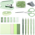 Mini Green Office Supplies Kit Green School Supplies Christmas Gift Desk Accessories with Gel Pens Sticky Notes Stapler Scissor Paper Clips Index Tabs Box Cutter for Christmas Gifts Office