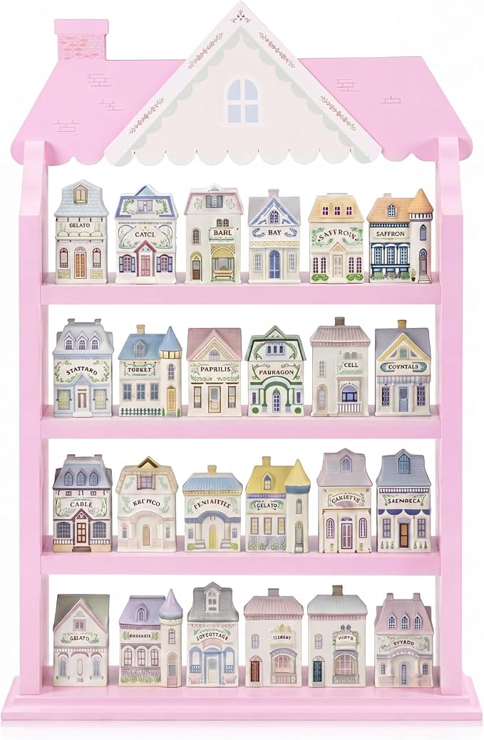 Chunful Vintage Spice Jar Wooden Rack with 4 Tier Hanging Spice Rack Wall Mounting Kitchen Storage Village Style Display Shelf for 24 Jar, Christmas Wedding Bridal Gift, Shelf Only(Pastel Pink House)