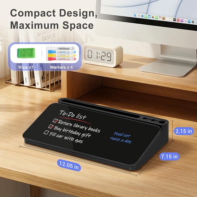 Small Desktop Glass Whiteboard with Storage, Desk White Board Stand Black | Computer Keyboard Stand, Office Desk Organizers and Accessories with Drawer, To Do Memo Notepad, Home School Supplies