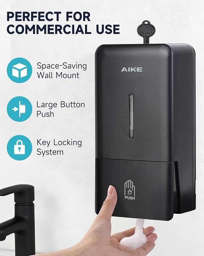 AIKE Foaming Commercial Soap Dispenser,27oz Capacity for Bathroom,Black | No-Drill and Screw Wall Mount Design for Space-Saving,Large Button and Capacity Dense Foam for Commercial Bathroom,AK1006F