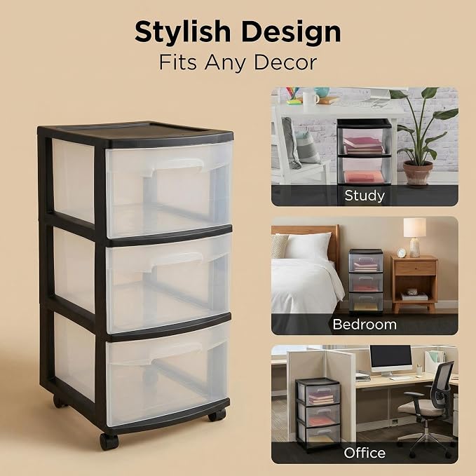 3 Drawer Plastic Storage Cart, Clear Rolling Home Office Organizer Black | Removable wheels switch between rolling mobility & stationary stability for any room.