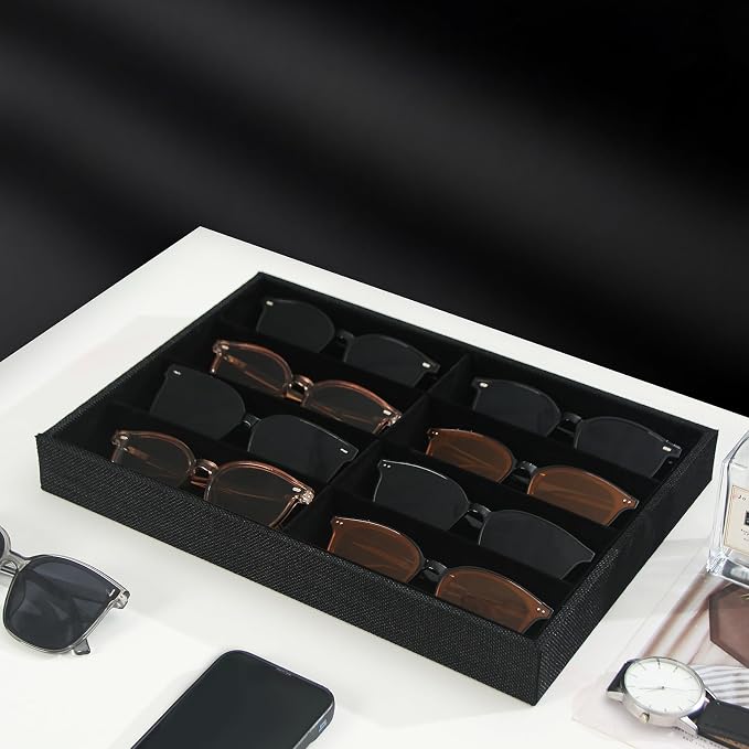 Julysky Sunglass Organizer Tray,8 Grids Watch Holder Display Jewelry Tray for Drawer, Jewelry Display Organizer Tray Box for Men （Black