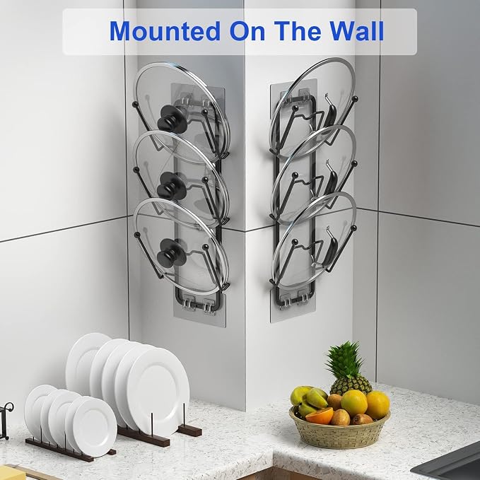 2 Pack Pot Lid Organizer for Cabinet, 2 in 1 Wall Mount & Adhesive Pot Lid Holder Rack for Kitchen Storage 6 Tier Pan Lid Organizer for Easy & Tidy Kitchen Organization