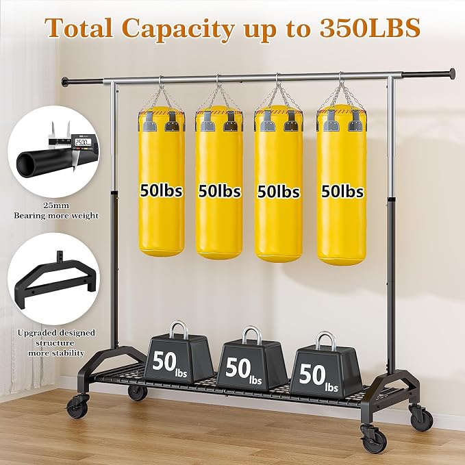 Wiracks Heavy Duty Clothes Rack for Hanging Clothes Extendable Rolling Clothing Rack for Hanging Clothes 350lbs Chrome 51 to 71" W x 16.53" D x 65" to 71" H 3" Industrial Wheels