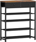 usikey Shoe Rack, 5 Tier Shoe Storage Organizer with 2 Drawers, Metal Shoe Shelf for 12-16 Pairs of Shoes, with 4 Oxford Fabric Shelves and Wooden Top, Shoe Stand for Closet Entryway, Black
