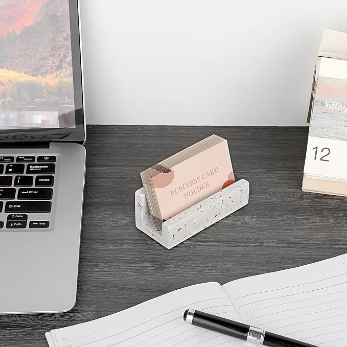 Hipiwe Business Card Holder for Desk Terrazzo Business Card Display Stand | Desktop Cards Display Stand for Women Men Concrete Business Card Stand Organizer for Office