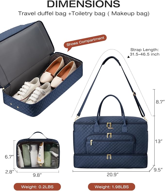 Travel Duffle Bag, Wide Open Large Weekender Bag for Women with Shoe Compartment, Carry on Overnight Bags with Toiletry Bag, Hospital Bag for Women Labor Delivery with Wet Pocket (Navy)