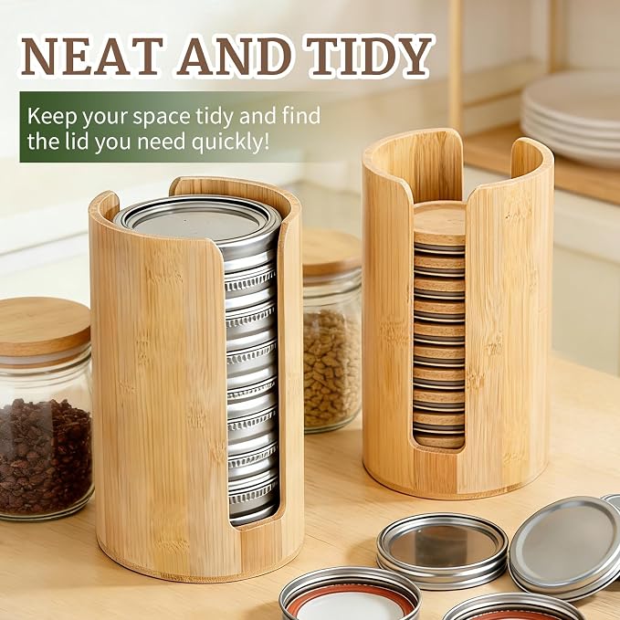 2 Pack Bamboo Mason Jar Lid Organizer for Wide & Regular Mouth Lids | Wide & Regular Mouth • Lid Holder & Organizer • Countertop Storage • Cabinet & Pantry Use • Easy Access • Space Saving