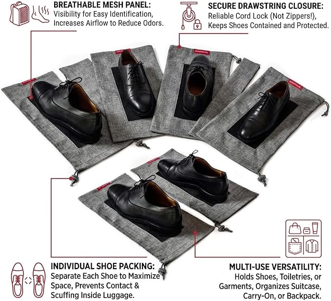LeanTravel Shoe Bags for Travel with Breathable Mesh & Drawstring Cord Lock, Set of 6, Color Grey
