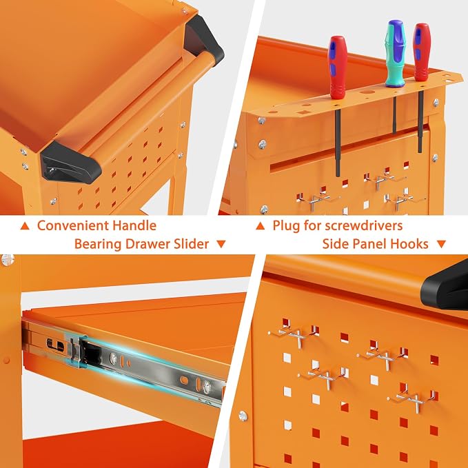 3 Tier Heavy Duty Rolling Tool Cart with Drawers, Large Storage Utility Cart on Wheels for Garage, Warehouse, Repair Shop (Orange)