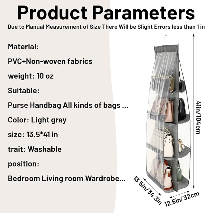 4 Pack Purse Organizer for Closet, Hanging Handbag Storage with 8 Clear PVC Pockets, Purse Organizer for Wardrobe Door Wall, Gray 41x13.5x12.6 Inch