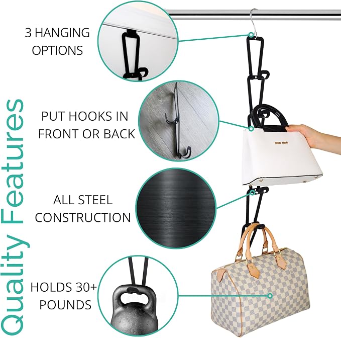 TERRA HOME Purse Hanger Closet Organizer Improved Design Bag Chain Hooks for Wall - Compact, Efficient Storage Solution for Bags, Purses, More as Over the Door, in Your Closett or Wall Mount