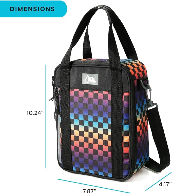 Arctic Zone Urban Lunch Box Combo for Kids with Gel Ice Pack and Sandwich Container, Insulated Bag for Travel Lunch with Adjustable Strap, Checkered