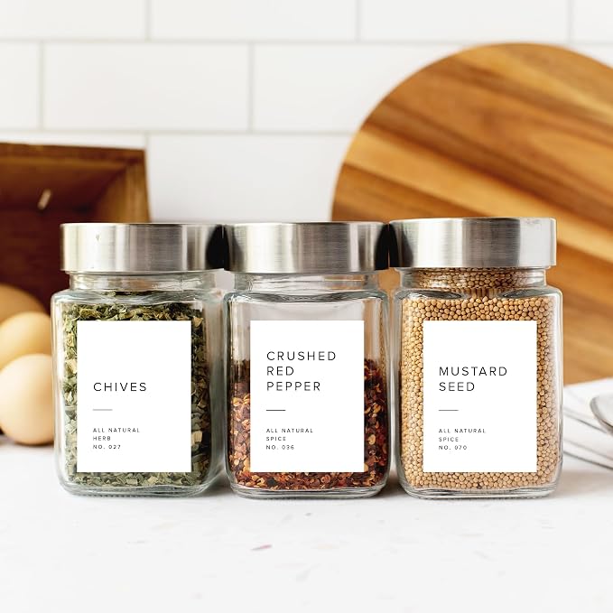 250 White Spice Labels by ThreeKin | Waterproof & Oil-Resistant Pre-Printed Stickers for Spice Jars | Durable, BPA-Free Seasoning Labels | Easy-Clean, No-Residue Design | Proudly Female & USA Owned