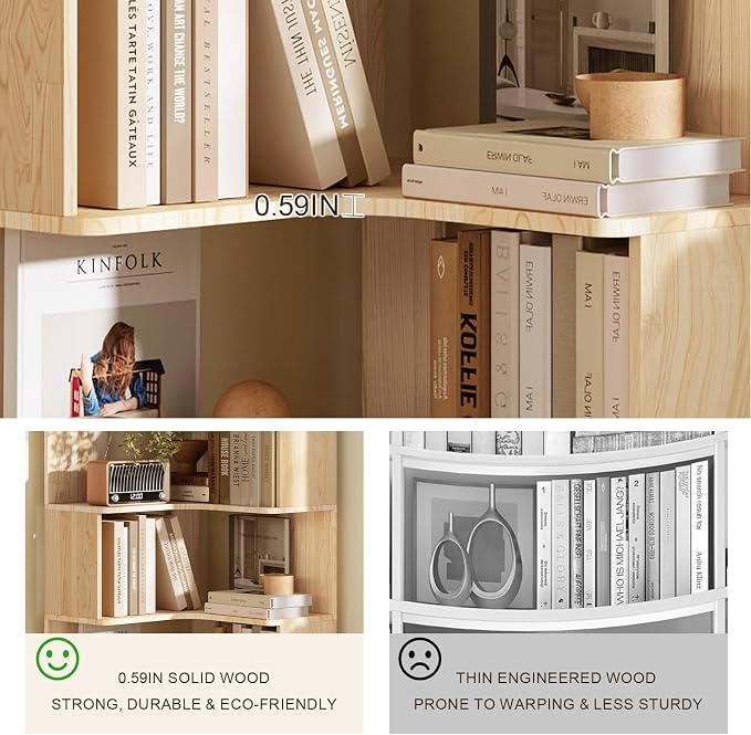 Tall Corner Bookshelf, 6-Tier Solid Pine Wood Corner Bookcase, 64" L-Shaped Book Shelf with Anti-Tip Kit, Freestanding Display Shelf for Small Spaces, Living Room, Home Office