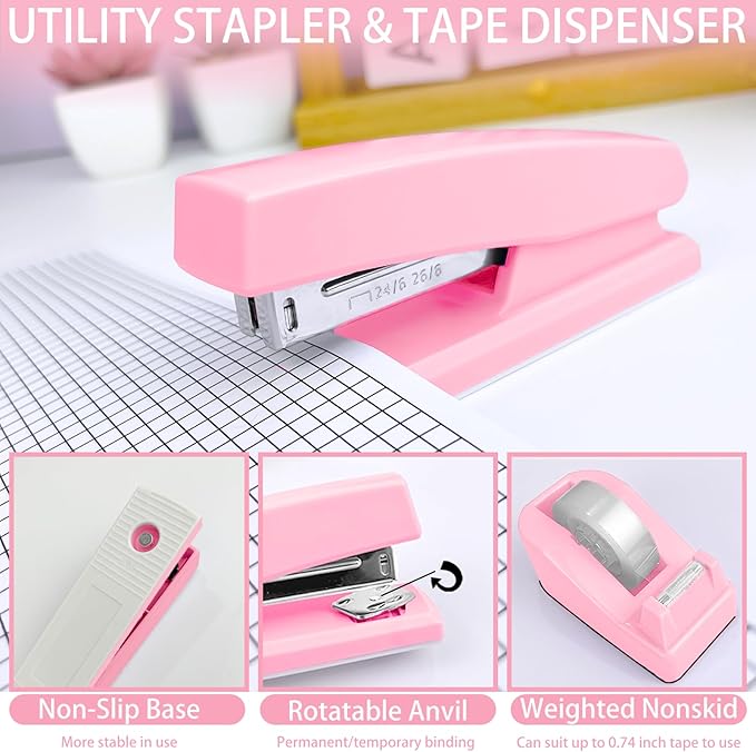 JIZHIYUAN Pink Desk Accessories Set - 16 Pcs Pink Office Supplies with Stapler, Tape Dispenser, Pen Holder, Staple Remover, Hole Punch, Practical Aesthetics Desk Sets for Office, Home, School Women