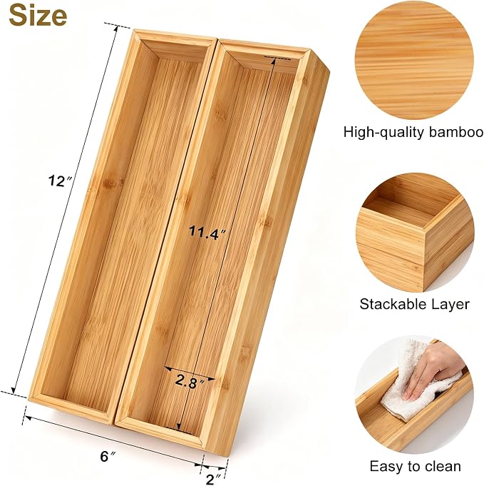 Kitchen Bamboo Drawer Organizer Set of 2, Small Narrow Stackable Drawer Organizer for Silverware, Utensils, Cutlery, Flatware, Junk Drawer, Dresser, Bathroom, 12" x 3" x 2"