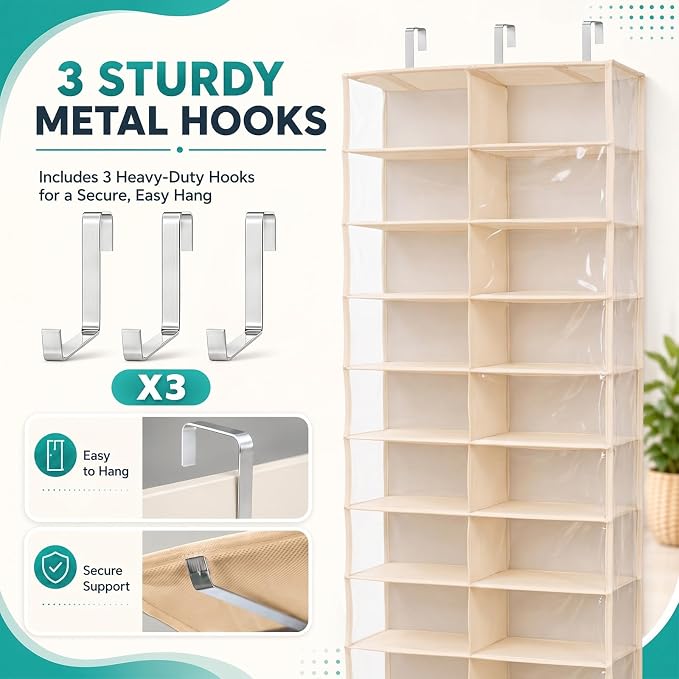 Over The Door Hoodie Organizer 26 Clear Pocket Sweatshirt Organizer with 3 Hooks Hanging Sweatshirt Hoodie Rack Holder Cabinet Behind The Doors for Dormitory Bedroom Closet Storage(Beige)