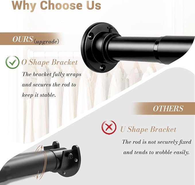 Closet Rod Adjustable 17 to 128 Inch, 1-1/4” Diameter, Closet Rods for Hanging Clothes, Stepless Metal Heavy Duty Hanging Rod for Closet Wardrobes Laundry RV (Black)