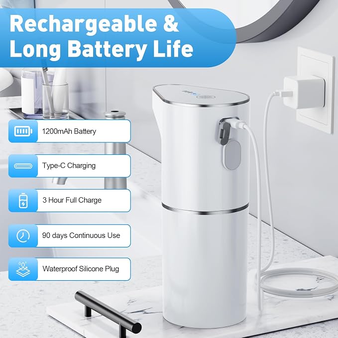 Fantictas Automatic Soap Dispenser,Touchless Hand Wall Mount Rechargeable 3 Gear Adjustable Electric Soap Dispenser 350ml with Infrared Motion Sensor for Bathroom,Kitchen,Office, White Foam