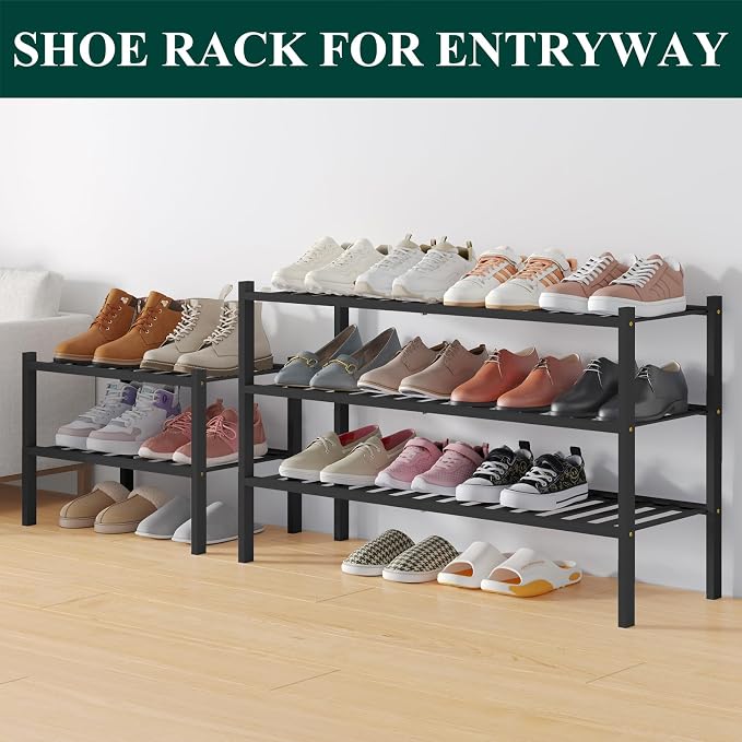 Smiry Bamboo Shoe Rack for Closet, 2 Tier Long Wooden Shoe Organizer, Stackable Wood Shoe Storage Shelf for Entryway, 14 Vertical Slats, One-piece Heavy-Duty Legs, 33.86"x11.02"x12.99", Black