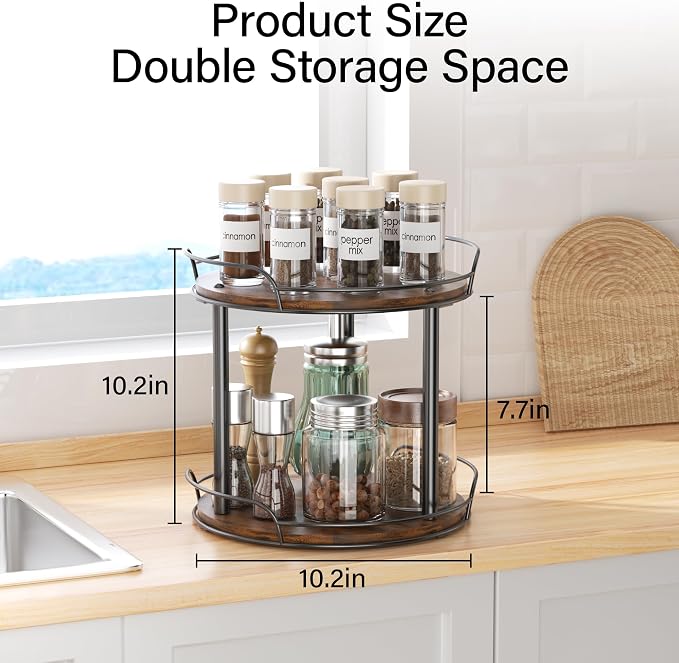 10'' Rotating Spice Rack, 2-Tier Lazy Susan Turntable Organizer | Wooden, for Cabinet, Table Top, Kitchen Countertop, Pantry, Bathroom, Vanity, Home Decor