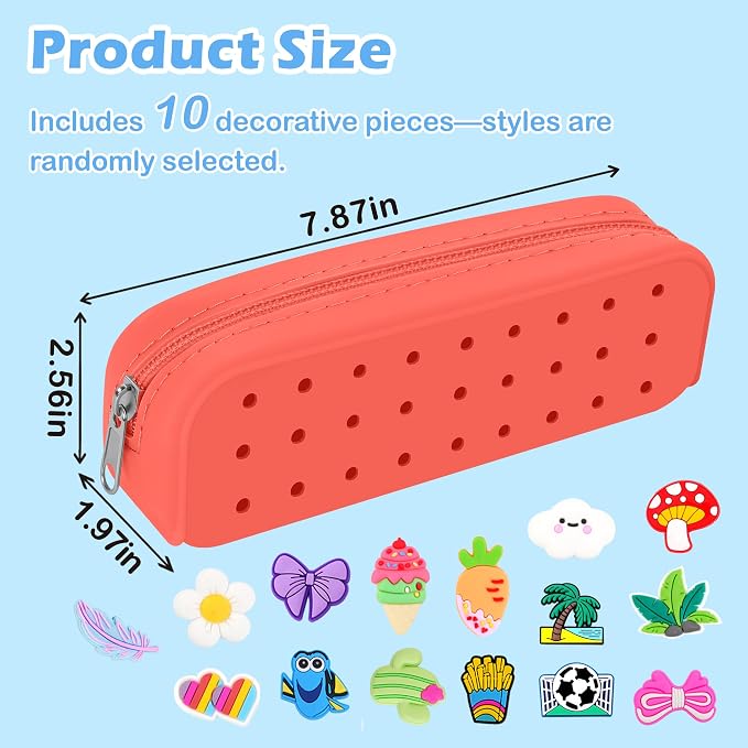 BestStone Silicone Small Pencil Pouch – Small Pencil Case with DIY Holes and 10 Decorative Charms, Multipurpose Makeup Bag or Stationery Organizer, Large Capacity(Pink)