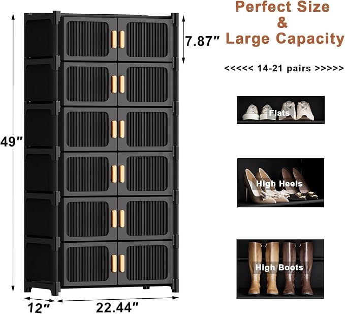 Shoe Rack, 7 Tier Shoe Storage Cabinet with 6 Doors, 21 Pair Plastic Shoe Cabinet with Waterproof, Outdoor Shoe Shelves Organizer for Entryway, Bedroom, Hallway,Living Room, Black