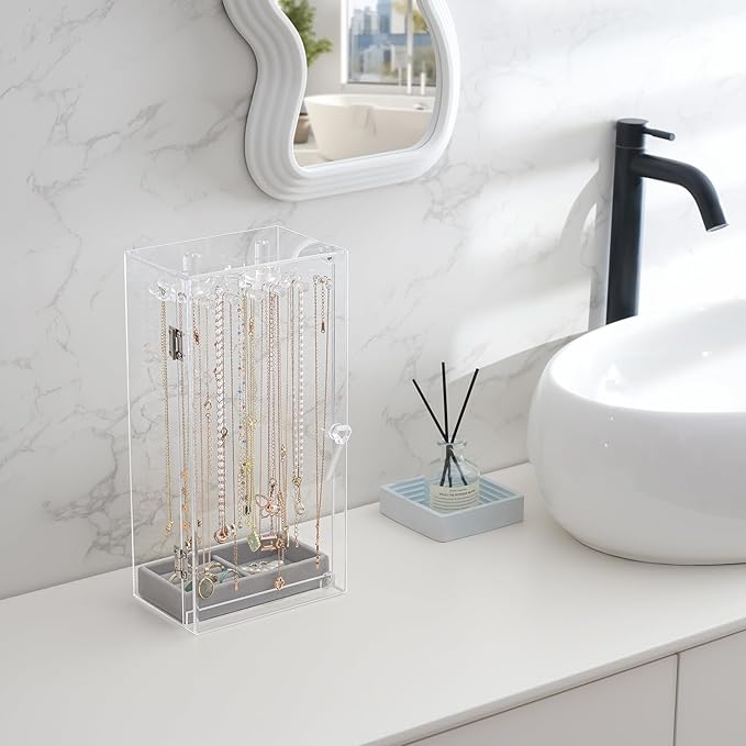 Lolalet Necklace Holder Organizer, Acrylic Jewelry Organizer with 24 Hooks, Rotating Clear Necklaces Display Box, Dust-proof Jewelry Storage Case with Velvet Tray -Clear