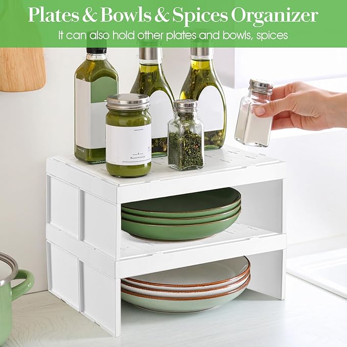 2 Pcs Paper Plate Dispenser and Paper Bowl Dispenser, Space-Saving Plastic, Foam, Disposable Plate and Bowl Organizer, Stackable Kitchen Organizer for Cabinet, Countertop, Shelf (White)