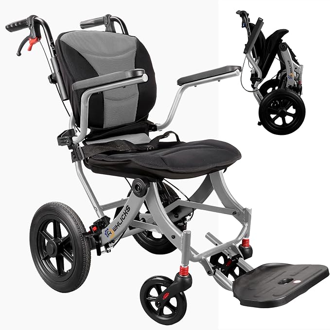 Wheelchairs for Adults Ergonimic Transport Chair Lightweight Foldable with Telescopic Handle 11-inch Big Wheels for All Terrains Travel Wheelchair with Removable Cushion
