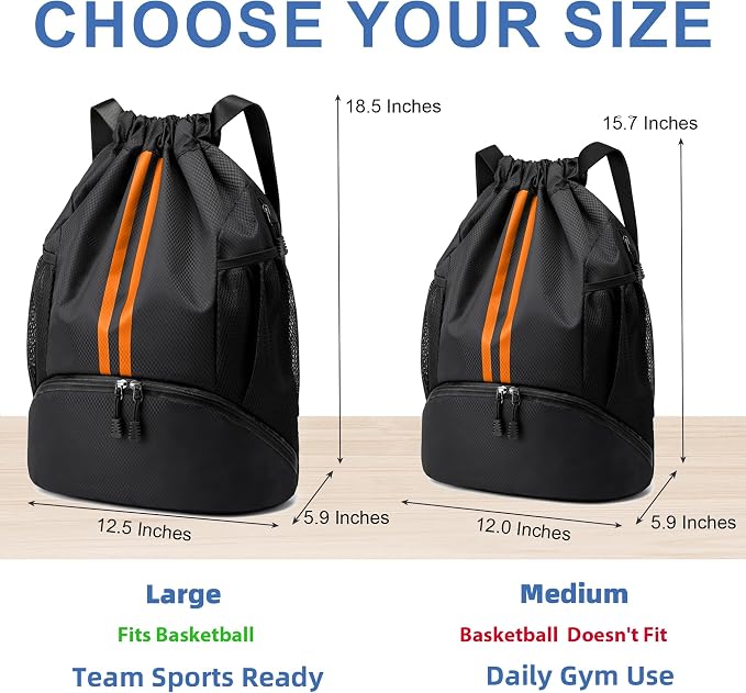 JELUTAR Drawstring Backpack Gym Bag with Shoes Pocket, Black Orange | Water-Resistant String Backpack for Soccer, Basketball, Swim, Beach Cinch for Women Men, 22 L Large Capacity, Wet Pocket