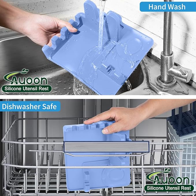 Auoon Silicone Spoon Rest with Lid Holder, 3-in-1 Kitchen Utensil Rest for Soup Ladles, Pot Lids, Spatulas, Spoons, Tongs, BPA Free & Dishwasher Safe, 8.26 x 8.06 Inch (Blue Velvet, Large)