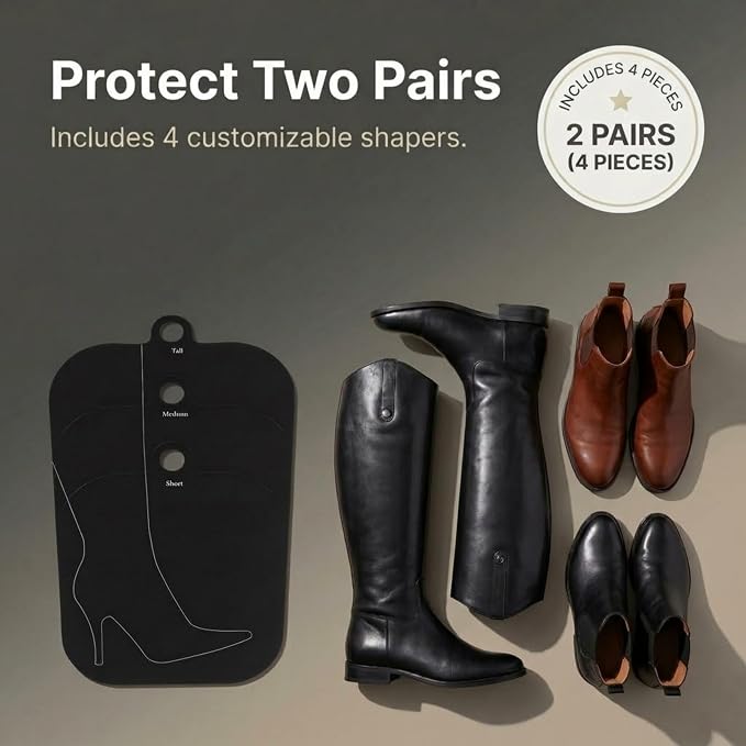 Household Essentials Boot Shapers, Set of 2 Pairs (4 Pieces), Pliable Plastic Boot Inserts, Customizable Height, Keeps Boots Upright and Crease-Free, Black