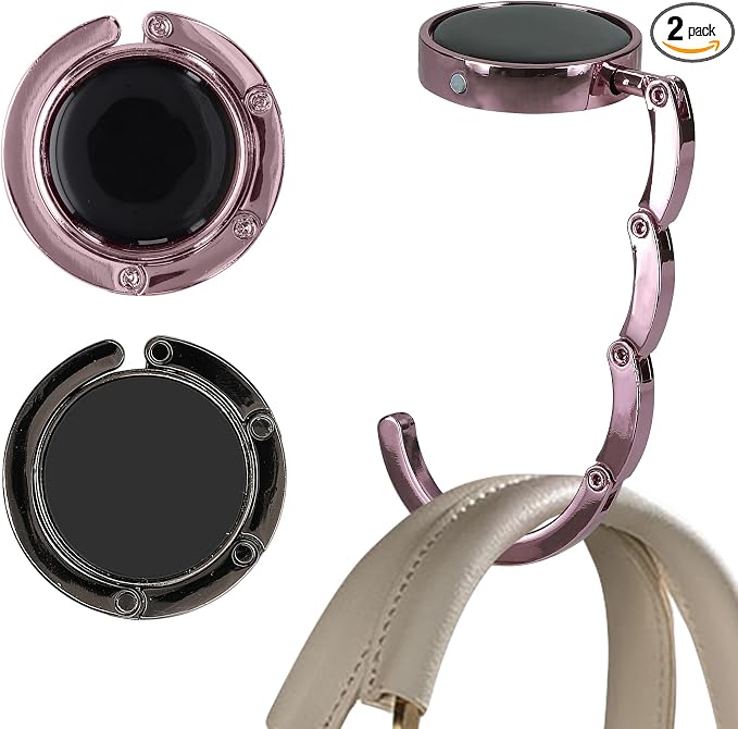 kwmobile Purse Hook for Table - Set of 2 Purse Holder - Folding Handbag Hanger - Portable Bag Holder - Bag Hooks for Desk - Table Hook Black/Light Pink